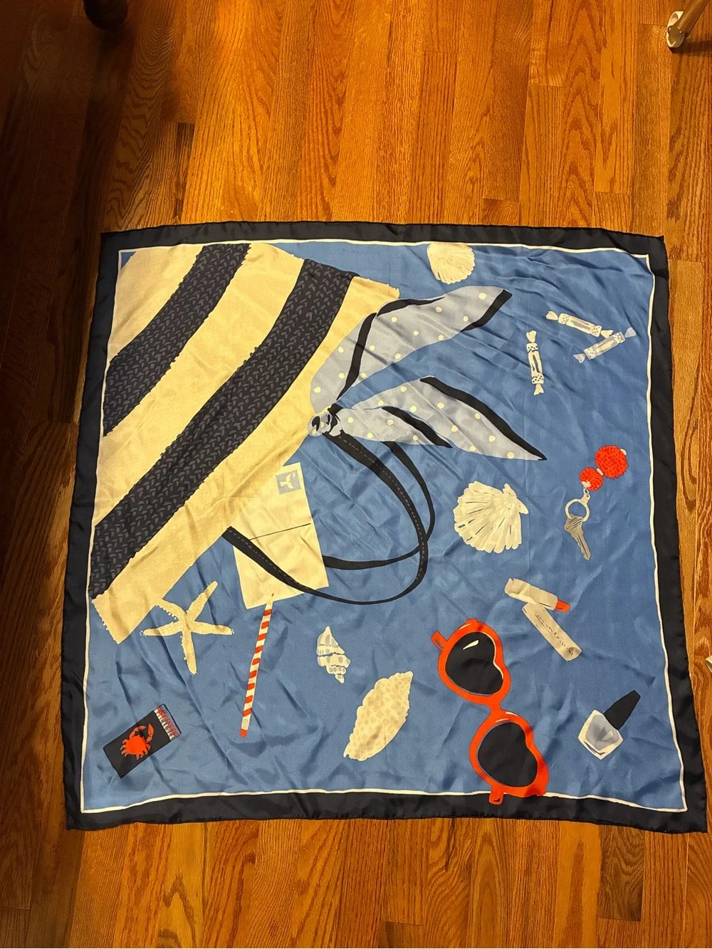 kate spade Blue Navy Cream Beach Print Silk Scarf